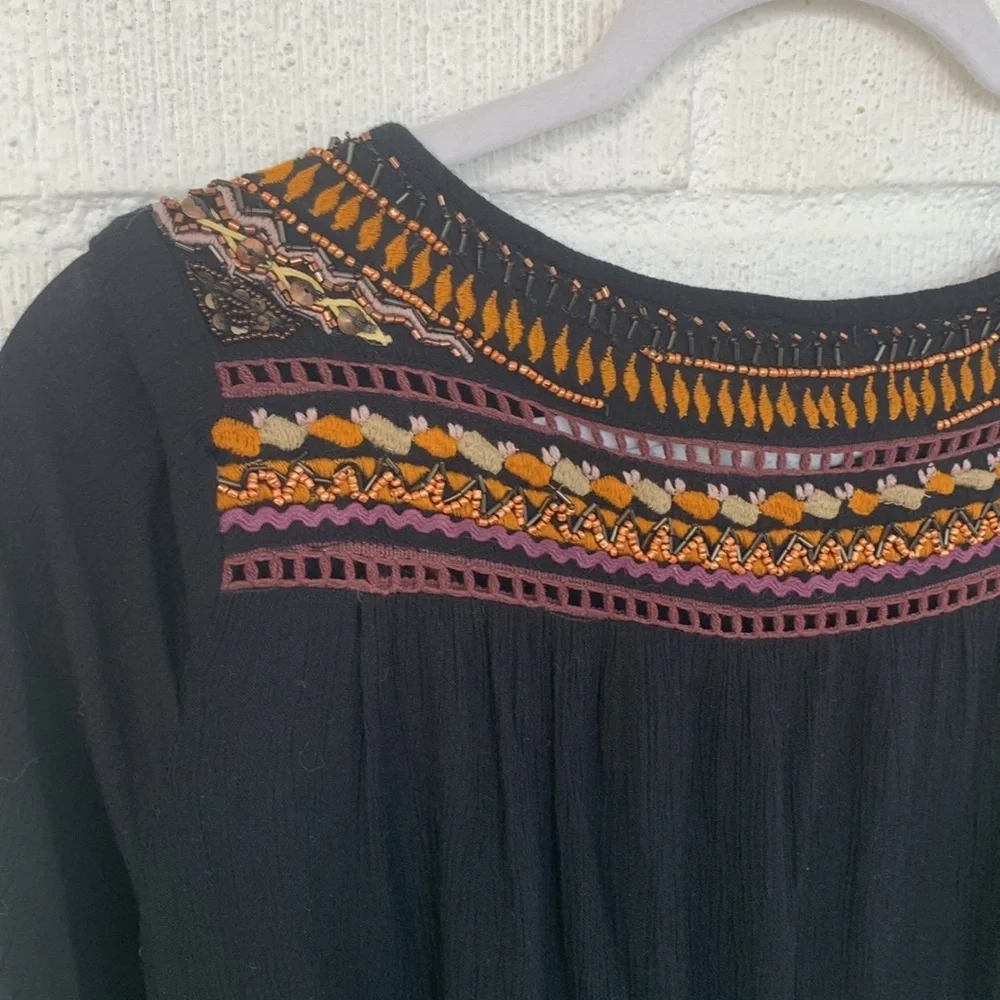 Free People Embroidered Beaded Black Tiered Ruffle Mini Dress sz XS